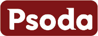 Psoda logo - red background, white letters