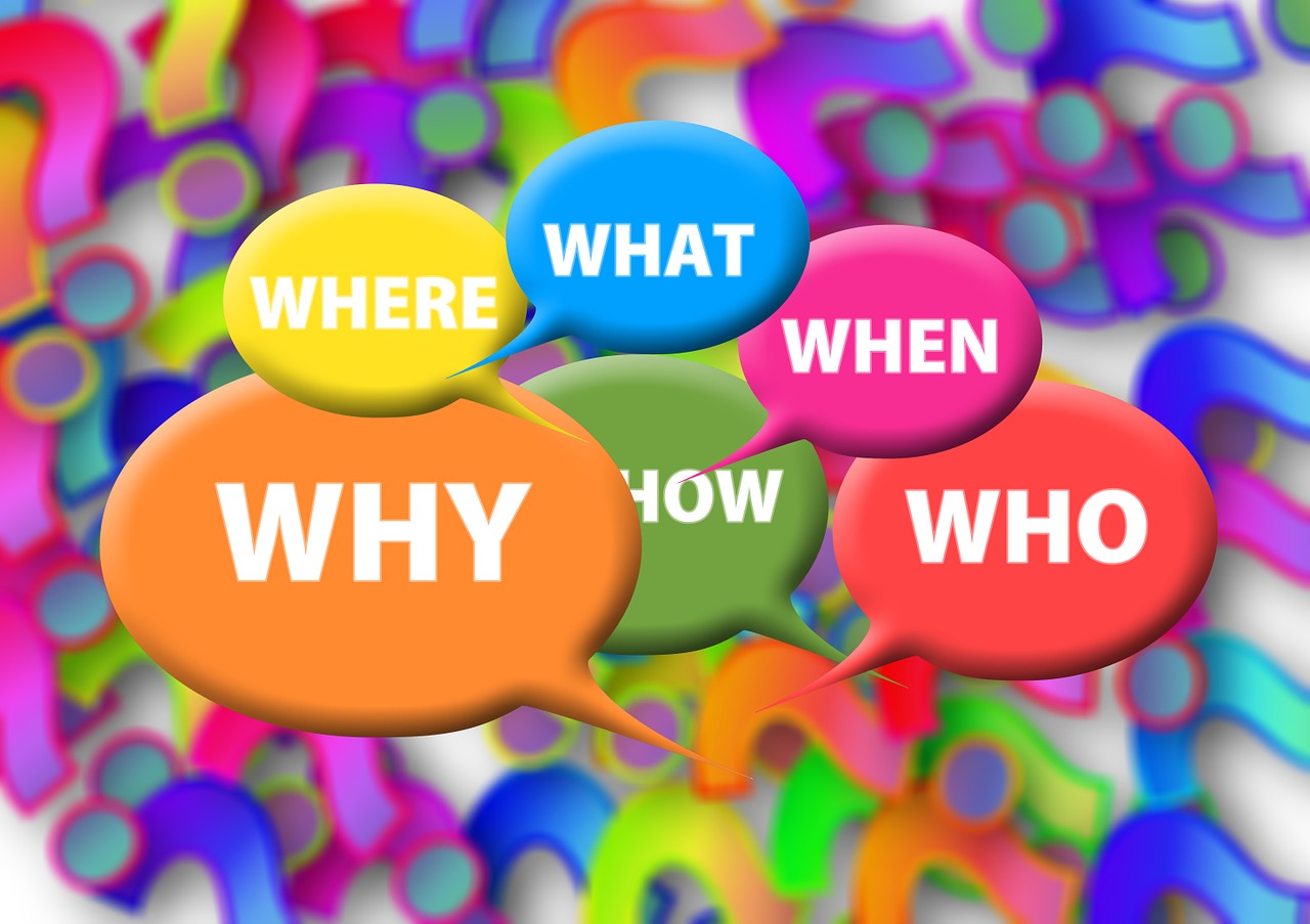 Speech bubbles with who, what, why, where, when and how