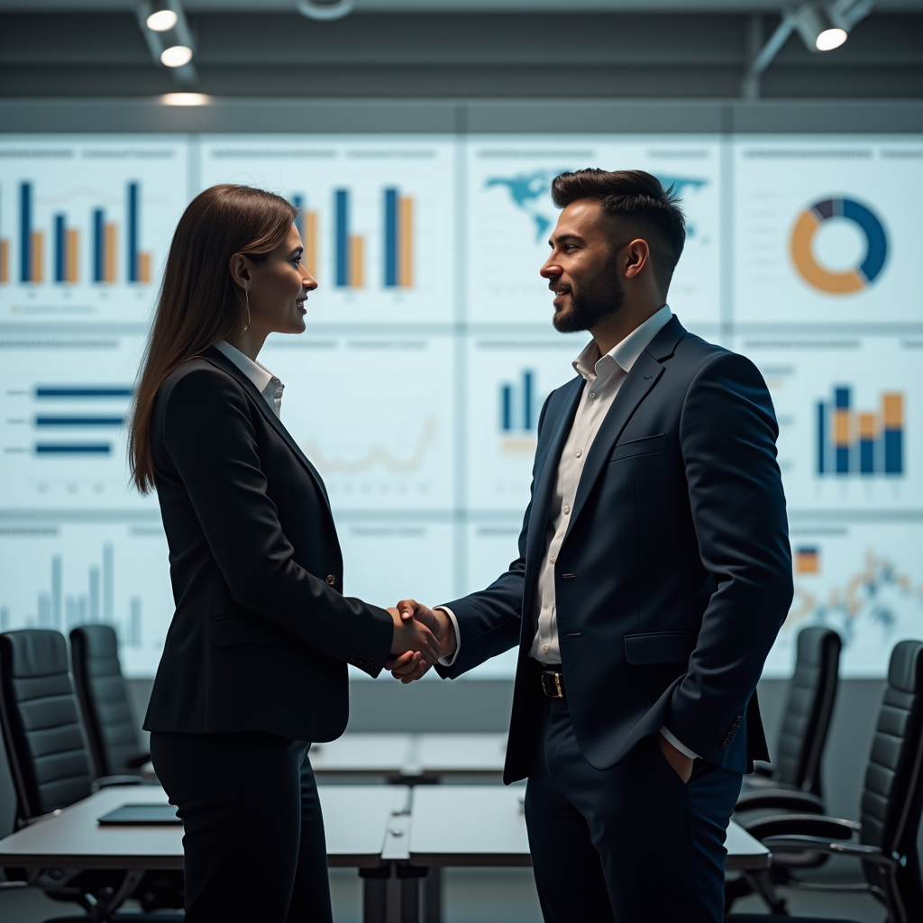 Project sponsor communication. A business man and woman shaking hands in front of a wall of project data including charts, graphs and timelines