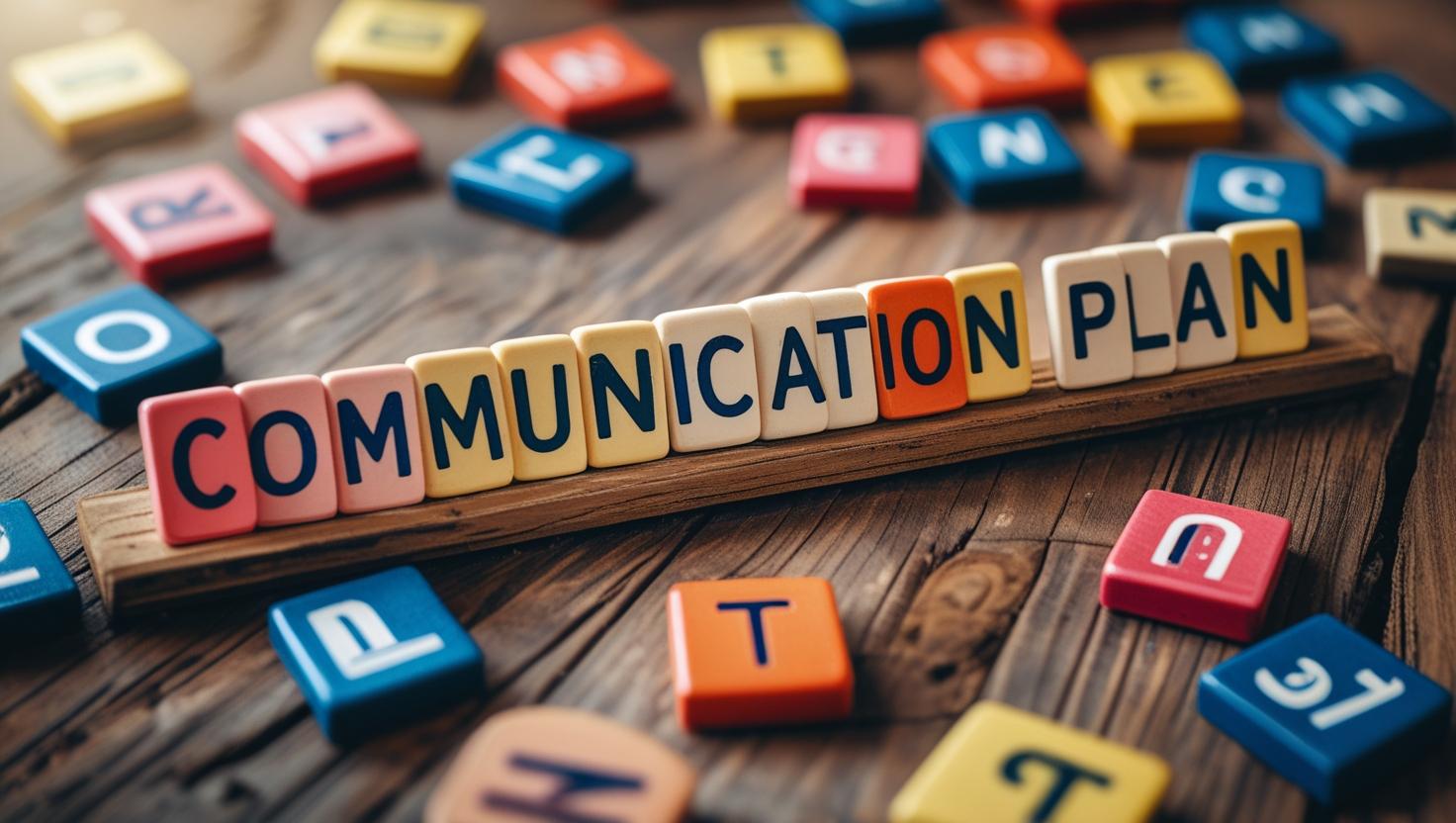 Project communications plan: Letter tiles spelling communication plan with other letter tiles scattered around it