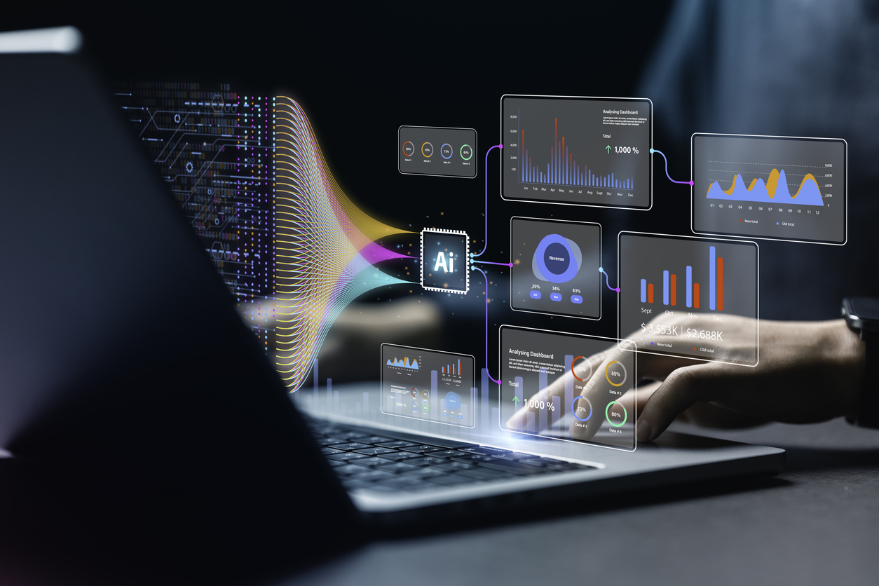 AI project portfolio management in action. A project manager is reviewing AI recommendations on their laptop