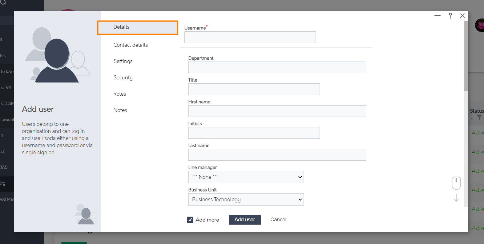 Add user form - Psoda Help Centre