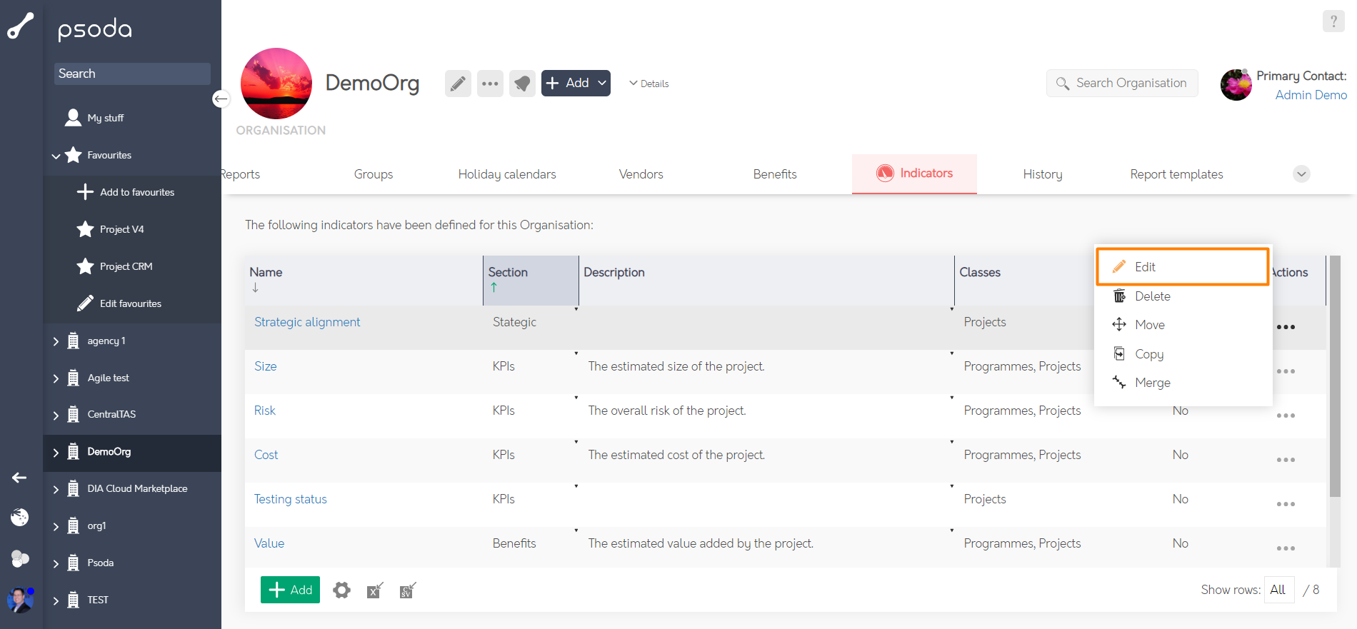 Edit indicator form Psoda Help Centre