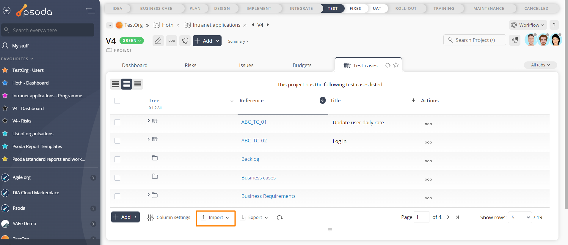 import test case via tab