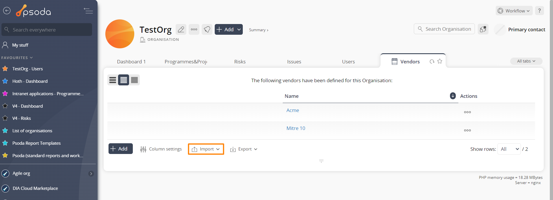 import vendors via tab
