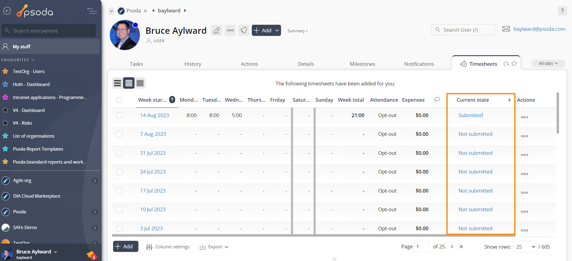 timesheets tab