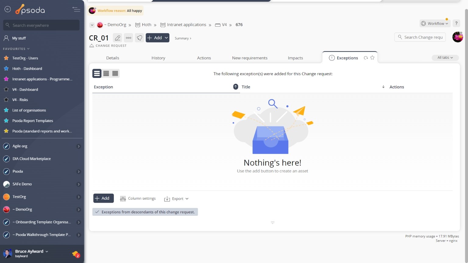 exceptions tab change request page