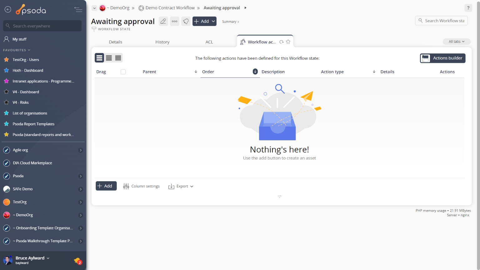 workflow actions tab