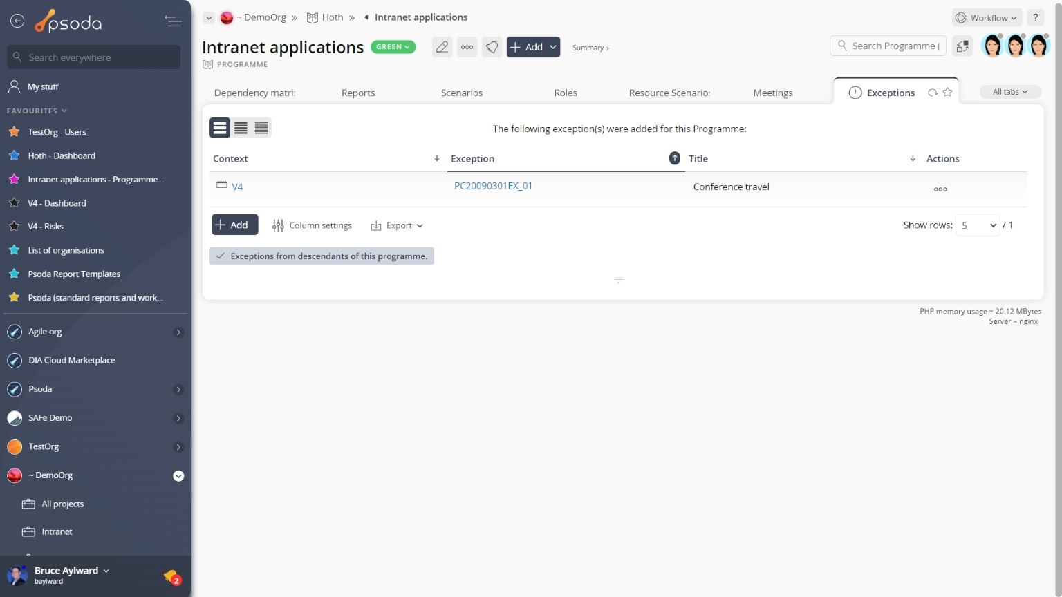 exceptions tab change request page