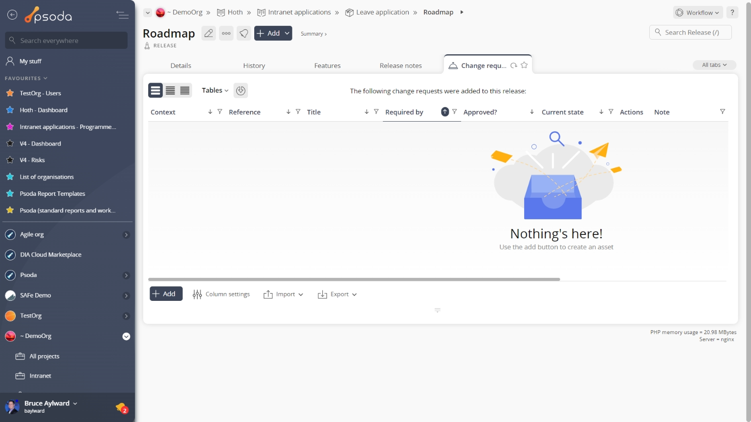 product change requests tab