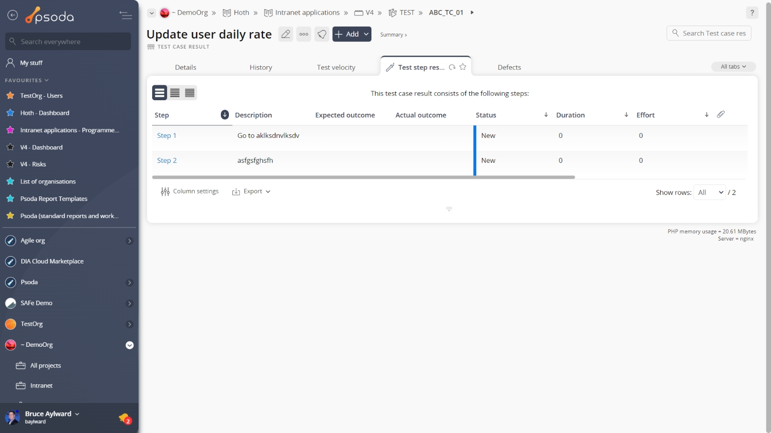 test step results tab