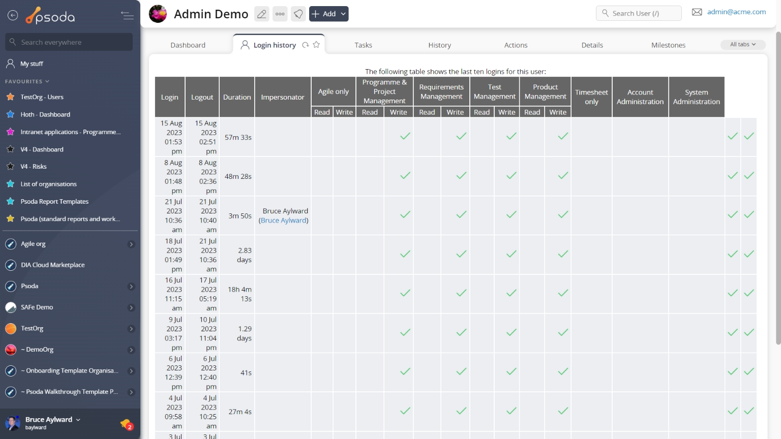 login history tab